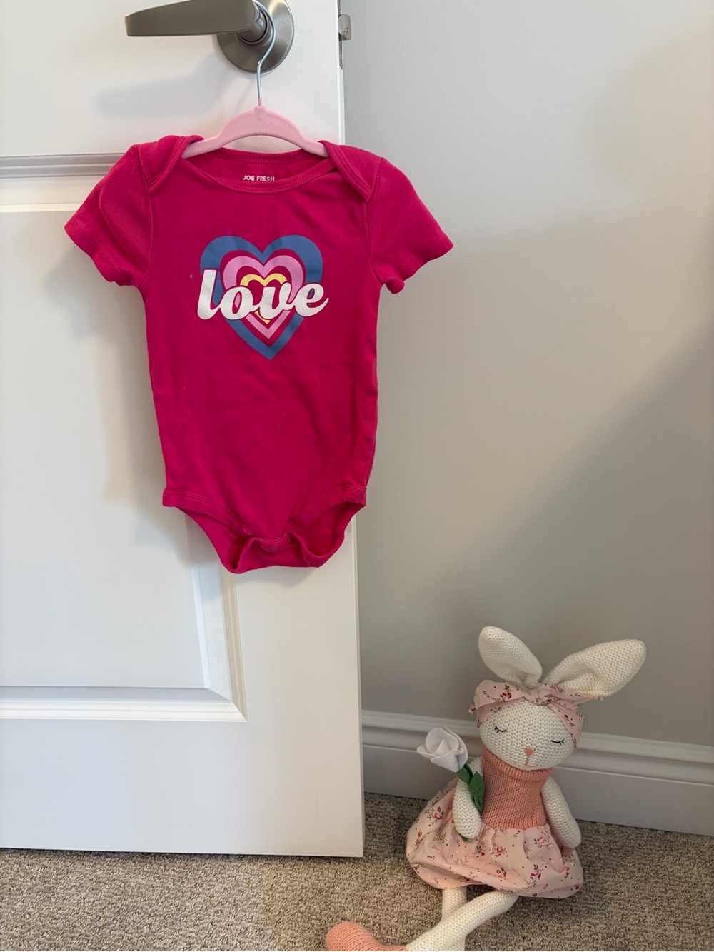 (5 for $35) Joe Fresh Bright Pink 'Love' Heart Graphic One-Piece Bodysuit